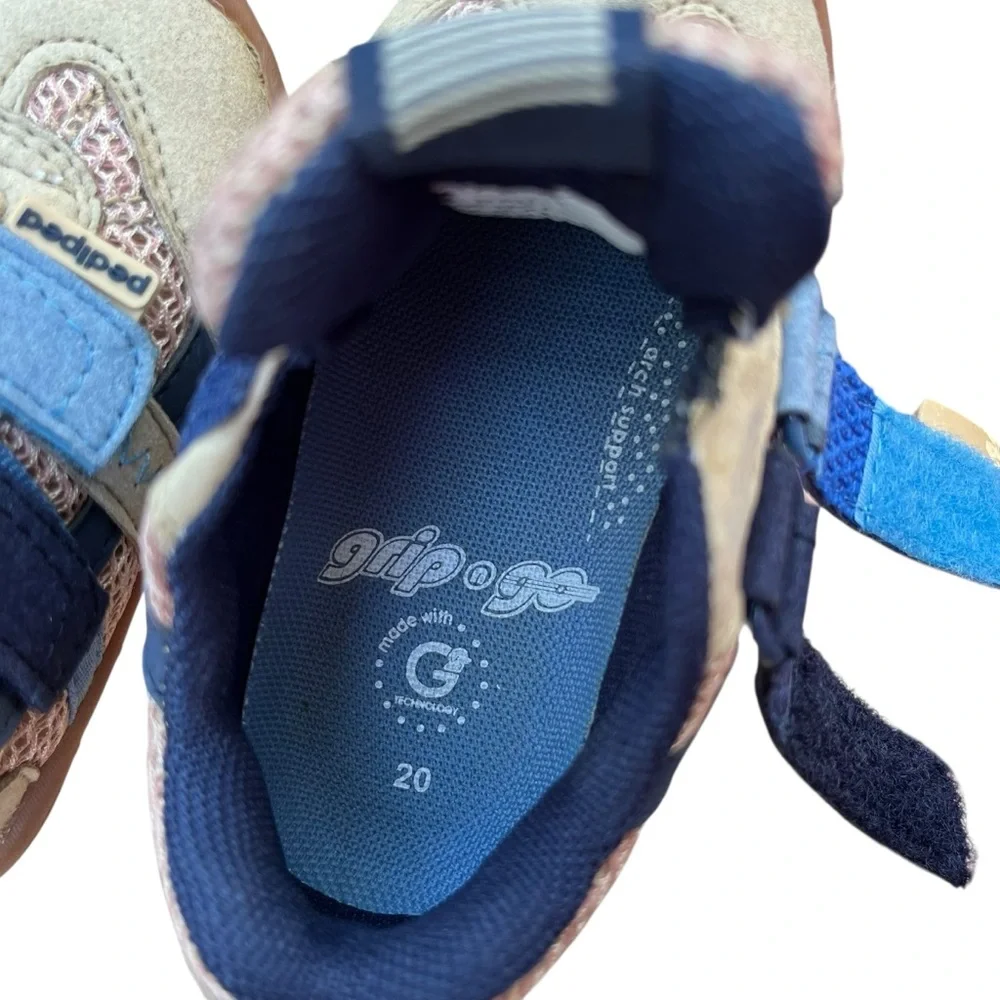 Pediped Gehrig baby shoes in Gingersnap tan and blue with hook & loop straps